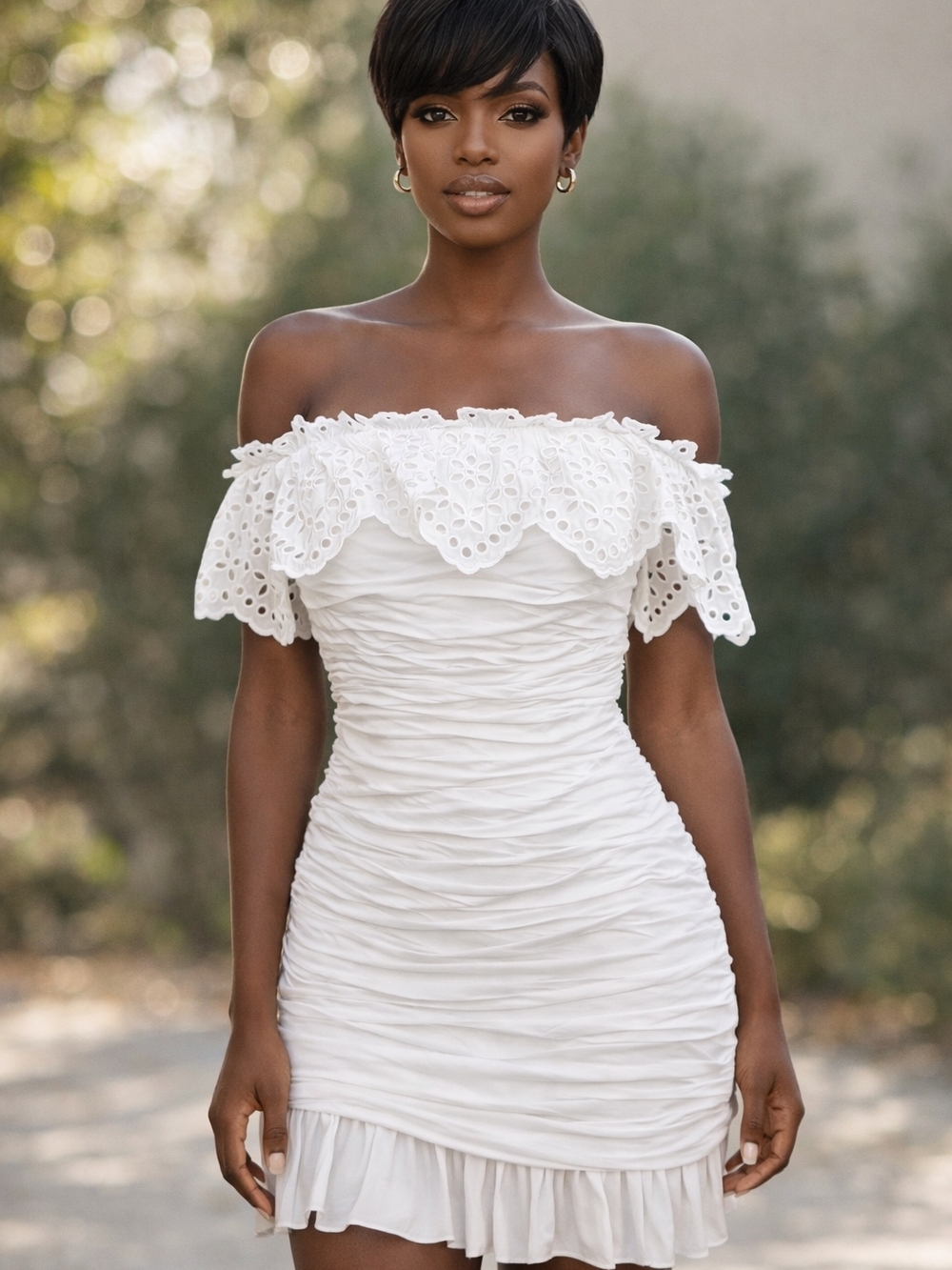 Ramy Brook Strapless Eyelet Ruched Mini Dress